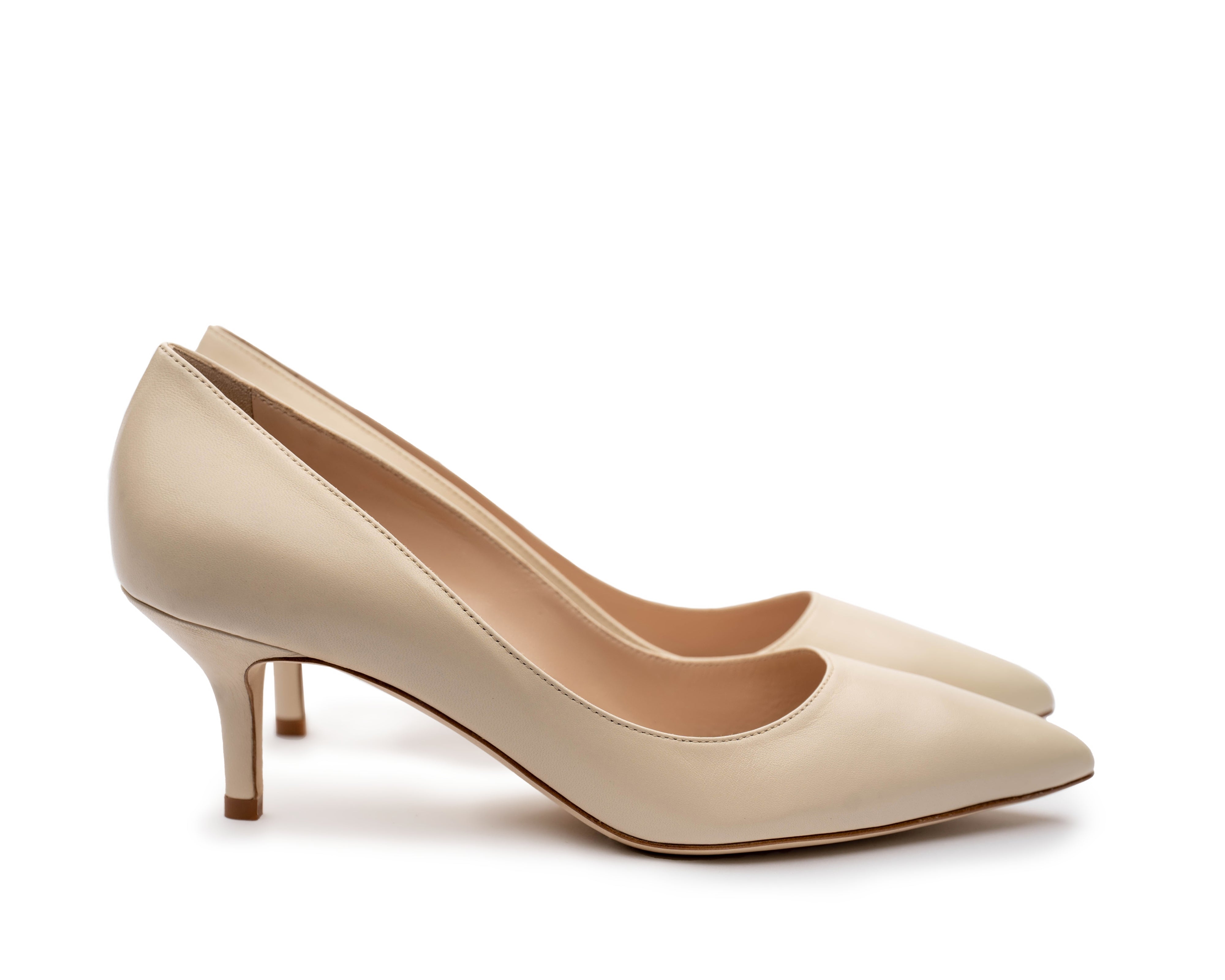 Cushioned insole women's heel comfortable Italian nude pumps. White business shoes.